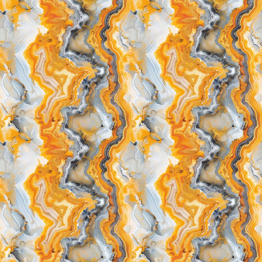 agate, gemstone pattern, orange, yellow, gray, white, swirled bands, flowing lines, natural stone texture, mineral formations, geological design,, fabric panel, marbled effect, layered striations, earth tones, organic shapes, wavy patterns, crystalline structure, contemporary style
