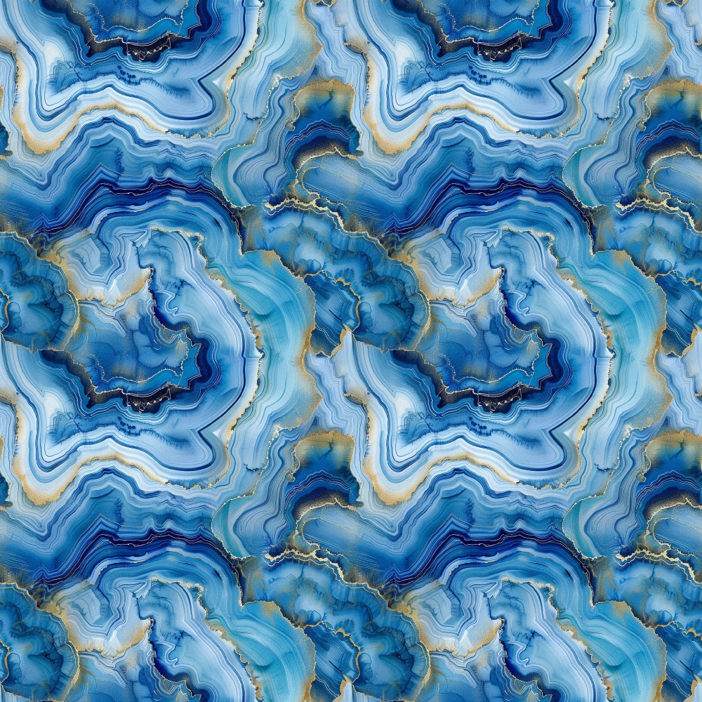 agate pattern, blue gemstones, navy blue, light blue, white, gold accents, geode slices, mineral formations, swirling bands, organic shapes, natural stone, crystalline structures, flowing lines, luxurious, elegant,, fabric panel, geological, marbled effect, concentric rings