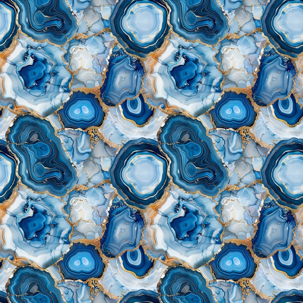 agate pattern, gemstone design, blue tones, navy blue, light blue, white, gold accents, geode slices, mineral pattern, crystalline structure, concentric rings, natural stone,, fabric panel, organic shapes, luxurious, elegant, sophisticated, geological inspired, seamless repeat