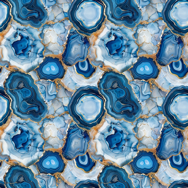agate pattern, gemstone design, blue tones, navy blue, light blue, white, gold accents, geode slices, mineral pattern, crystalline structure, concentric rings, natural stone,, fabric panel, organic shapes, luxurious, elegant, sophisticated, geological inspired, seamless repeat