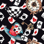 black background, red hearts, playing cards, vintage clock, ornate key, top hat, checkered teacup, whimsical, fantasy theme,, fabric panel, watercolor style, alice wonderland, spades clubs diamonds, roman numerals, magical elements, scattered pattern, storybook illustration, crafting material