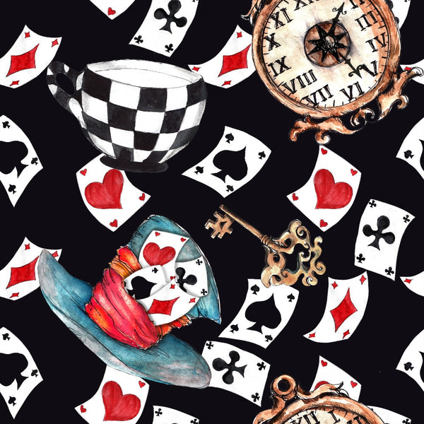 black background, red hearts, playing cards, vintage clock, ornate key, top hat, checkered teacup, whimsical, fantasy theme,, fabric panel, watercolor style, alice wonderland, spades clubs diamonds, roman numerals, magical elements, scattered pattern, storybook illustration, crafting material
