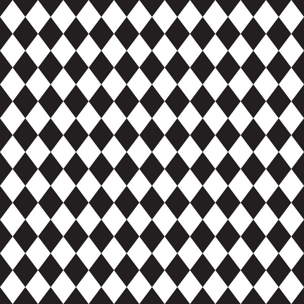 black and white, diamond pattern, geometric design, harlequin print, checkered, alternating diamonds, monochrome,, fabric panel, contrasting pattern, angular shapes, repetitive motif, craft fabric, sewing material, patchwork suitable