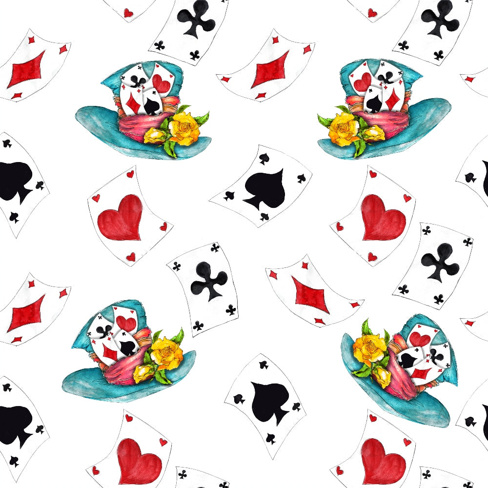 teal, turquoise, red, black, white, yellow, playing cards, top hat, floral roses, mad hatter, alice in wonderland, whimsical, fantasy, hearts, clubs, diamonds, spades,, fabric panel, watercolor style, storybook theme