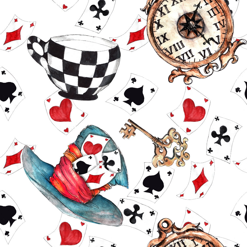 alice in wonderland, playing cards, teacup, pocket watch, ornate key, checkered pattern, black and white stripes, red hearts, black spades, vintage clock, whimsical illustration, fairy tale theme,, fabric panel, watercolor style, antique timepiece, card suits, wonderland motifs, storybook characters, fantasy elements