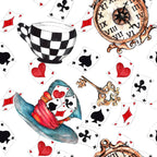 alice in wonderland, playing cards, teacup, pocket watch, ornate key, checkered pattern, black and white stripes, red hearts, black spades, vintage clock, whimsical illustration, fairy tale theme,, fabric panel, watercolor style, antique timepiece, card suits, wonderland motifs, storybook characters, fantasy elements