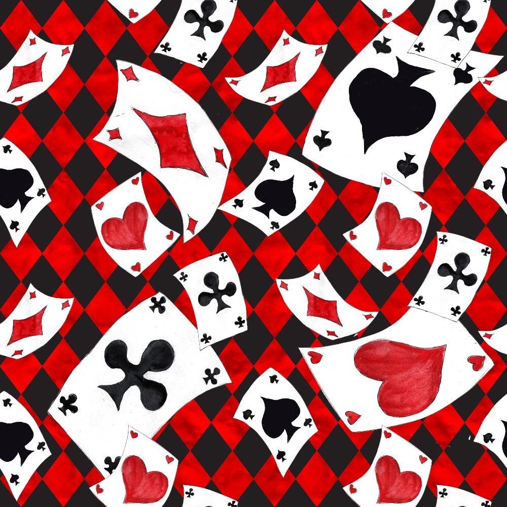 red, black, white, playing cards, hearts, diamonds, clubs, spades, checkered pattern, diamond checkerboard,, fabric panel, alice in wonderland, whimsical, geometric pattern, card suits, casino motif, scattered cards, repeating pattern, cotton fabric