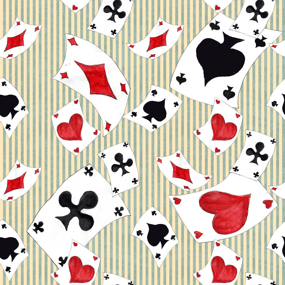 playing cards, red hearts, black spades, black clubs, red diamonds, card suits, striped background, beige stripes, teal stripes, scattered pattern, alice in wonderland, whimsical design,, fabric panel, cotton fabric, gaming theme, card game motif, watercolor style, vintage aesthetic, crafting material
