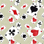 playing cards, red hearts, black spades, black clubs, red diamonds, card suits, striped background, beige stripes, teal stripes, scattered pattern, alice in wonderland, whimsical design,, fabric panel, cotton fabric, gaming theme, card game motif, watercolor style, vintage aesthetic, crafting material