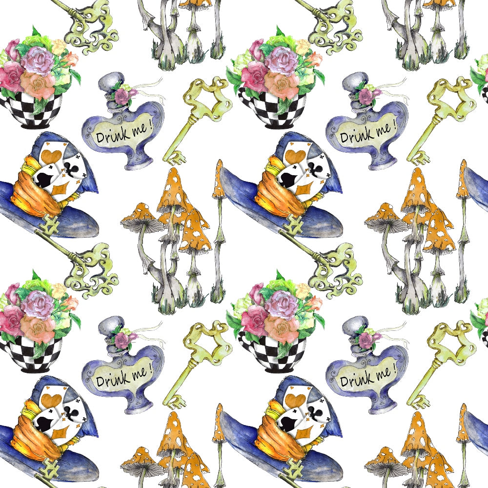 alice in wonderland, whimsical pattern, watercolor style, mushrooms, playing cards, ornate keys, teacups, floral bouquets, checkered pattern, purple teapot, "drink me" bottle, fantasy theme, storybook characters,, fabric panel, pink roses, orange mushrooms, blue hat, green keys, repeating motif