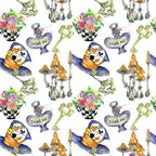 alice in wonderland, whimsical pattern, watercolor style, mushrooms, playing cards, ornate keys, teacups, floral bouquets, checkered pattern, purple teapot, "drink me" bottle, fantasy theme, storybook characters,, fabric panel, pink roses, orange mushrooms, blue hat, green keys, repeating motif