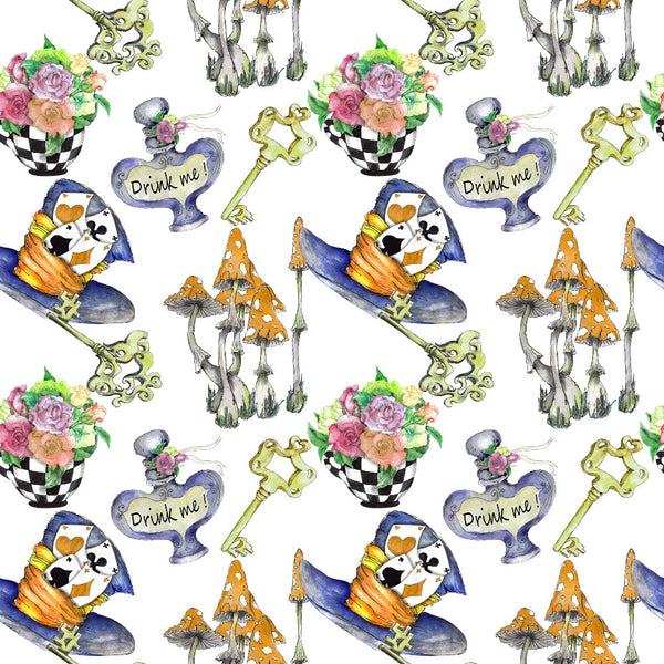 alice in wonderland, whimsical pattern, watercolor style, mushrooms, playing cards, ornate keys, teacups, floral bouquets, checkered pattern, purple teapot, "drink me" bottle, fantasy theme, storybook characters,, fabric panel, pink roses, orange mushrooms, blue hat, green keys, repeating motif