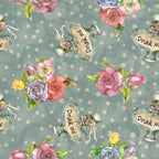 alice in wonderland, sage green, dusty pink, coral roses, purple flowers, yellow blooms, polka dots, teacups, drink me labels, whimsical pattern, fantasy theme, floral motifs,, fabric panel, watercolor style, vintage roses, tea party, storybook design, romantic florals, dreamy aesthetic