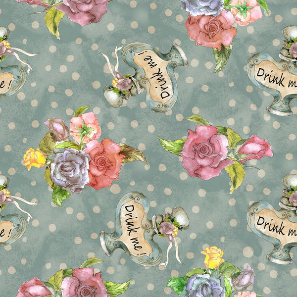 alice in wonderland, sage green, dusty pink, coral roses, purple flowers, yellow blooms, polka dots, teacups, drink me labels, whimsical pattern, fantasy theme, floral motifs,, fabric panel, watercolor style, vintage roses, tea party, storybook design, romantic florals, dreamy aesthetic