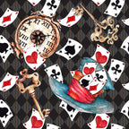 alice in wonderland, playing cards, pocket watch, ornate key, wizard hat, black white checkered, red hearts, black spades, clubs diamonds, whimsical illustration, fantasy theme, storybook characters, vintage style,, fabric panel, watercolor art, magical elements, tea party theme, wonderland motifs, geometric background