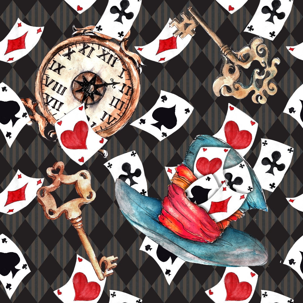 alice in wonderland, playing cards, pocket watch, ornate key, wizard hat, black white checkered, red hearts, black spades, clubs diamonds, whimsical illustration, fantasy theme, storybook characters, vintage style,, fabric panel, watercolor art, magical elements, tea party theme, wonderland motifs, geometric background
