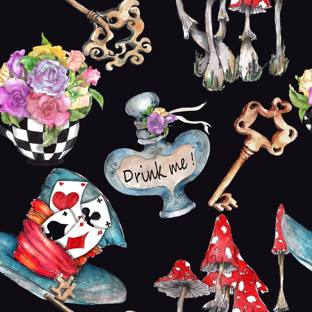 alice in wonderland, whimsical, fantasy, black background, purple roses, pink flowers, mad hatter hat, playing cards, vintage key, red mushrooms, spotted toadstools, teapot, drink me, checkered pattern, floral bouquet, ornate key, mushroom cluster,, fabric panel, storybook theme, fairy tale