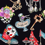 alice in wonderland, whimsical, fantasy, black background, purple roses, pink flowers, mad hatter hat, playing cards, vintage key, red mushrooms, spotted toadstools, teapot, drink me, checkered pattern, floral bouquet, ornate key, mushroom cluster,, fabric panel, storybook theme, fairy tale
