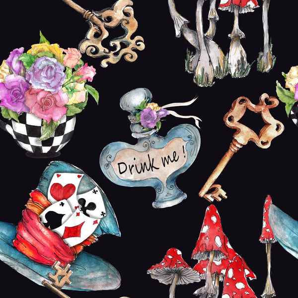 alice in wonderland, whimsical, fantasy, black background, purple roses, pink flowers, mad hatter hat, playing cards, vintage key, red mushrooms, spotted toadstools, teapot, drink me, checkered pattern, floral bouquet, ornate key, mushroom cluster,, fabric panel, storybook theme, fairy tale