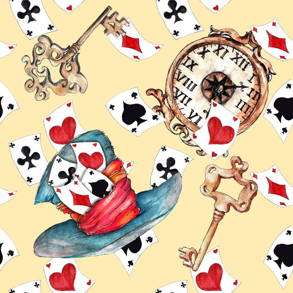 alice in wonderland, playing cards, vintage clock, ornate keys, top hat, red ribbon, whimsical pattern, cream background, red hearts, black spades, black clubs, red diamonds, fairytale theme, fantasy motifs,, fabric panel, watercolor style, storybook elements, magical accessories, scattered design