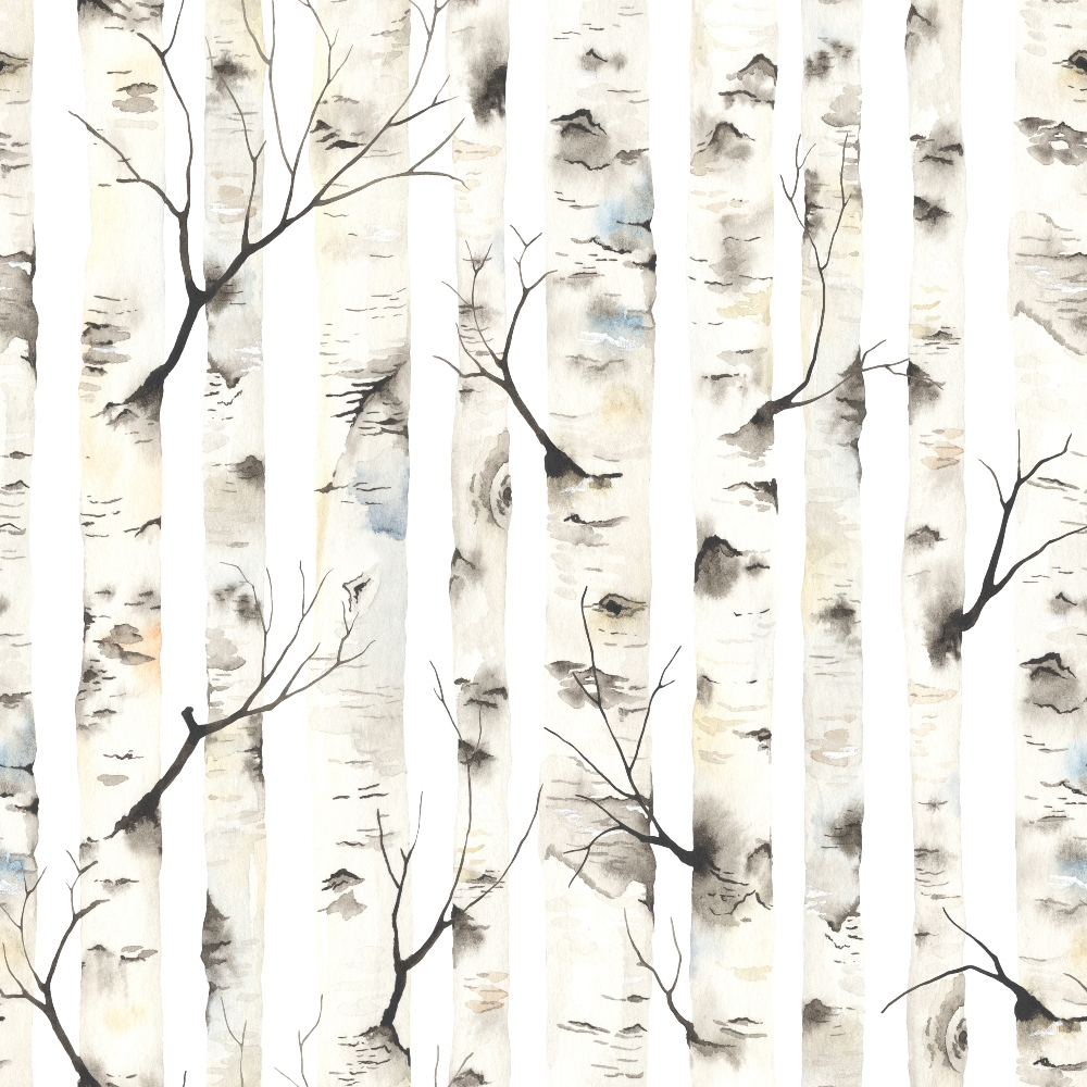 birch trees, white bark, gray markings, bare branches, forest scene, nature pattern, neutral tones, beige accents, watercolor style, organic texture, woodland theme,, fabric panel, winter trees, tree trunks, botanical design, earthy palette, artistic rendering, repeating pattern