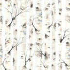 birch trees, white bark, gray markings, bare branches, forest scene, nature pattern, neutral tones, beige accents, watercolor style, organic texture, woodland theme,, fabric panel, winter trees, tree trunks, botanical design, earthy palette, artistic rendering, repeating pattern
