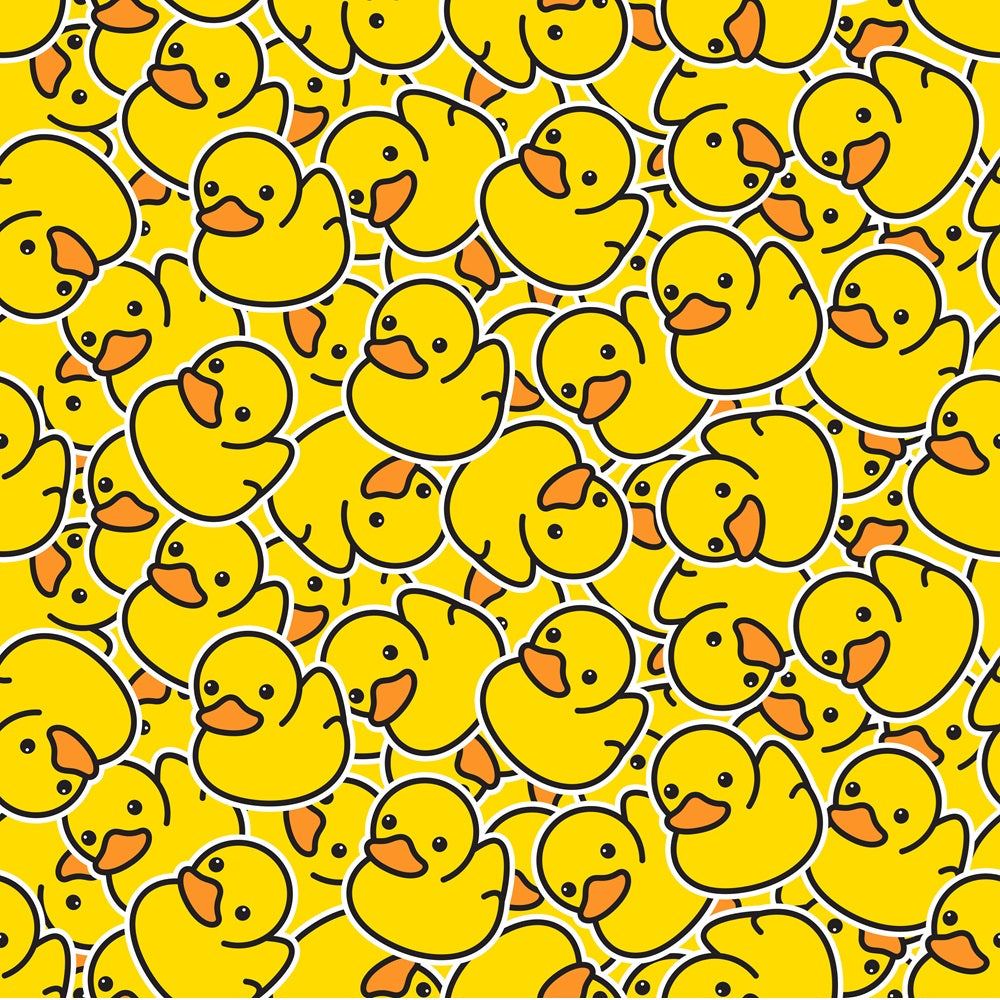 yellow, orange, bright yellow, rubber ducks, bath toys, ducks, allover pattern, seamless repeat, cartoon style, playful, cheerful, whimsical,, fabric panel, nursery theme, baby theme, water toys, cute animals, fun design, children's fabric
