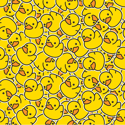yellow, orange, bright yellow, rubber ducks, bath toys, ducks, allover pattern, seamless repeat, cartoon style, playful, cheerful, whimsical,, fabric panel, nursery theme, baby theme, water toys, cute animals, fun design, children's fabric