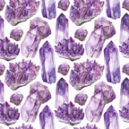 purple, lavender, amethyst, violet, gemstones, crystals, minerals, geodes, watercolor style, repeating pattern,, fabric panel, mystical, spiritual, bohemian, artistic, geometric shapes, precious stones, cluster formations, white background