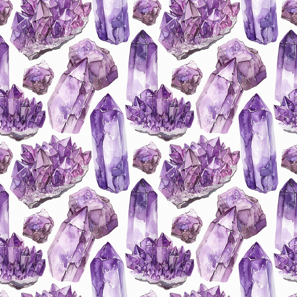 purple, lavender, amethyst, violet, gemstones, crystals, minerals, geodes, watercolor style, repeating pattern,, fabric panel, mystical, spiritual, bohemian, artistic, geometric shapes, precious stones, cluster formations, white background