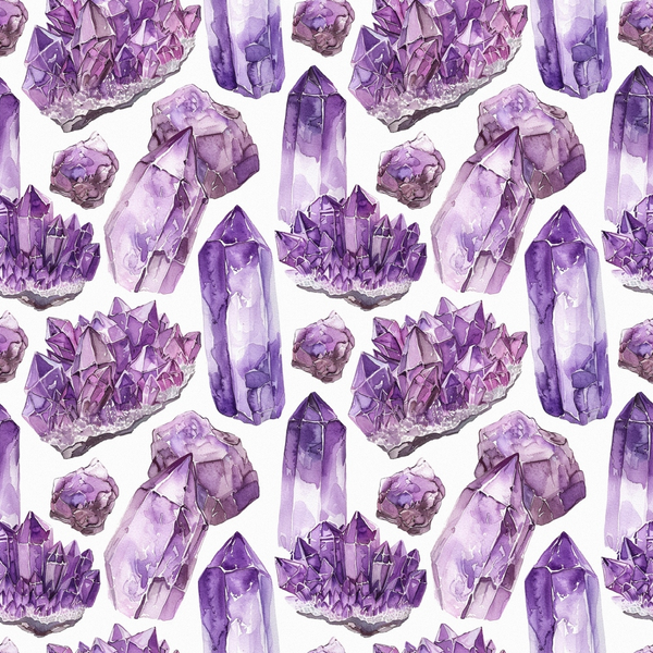 purple, lavender, amethyst, violet, gemstones, crystals, minerals, geodes, watercolor style, repeating pattern,, fabric panel, mystical, spiritual, bohemian, artistic, geometric shapes, precious stones, cluster formations, white background