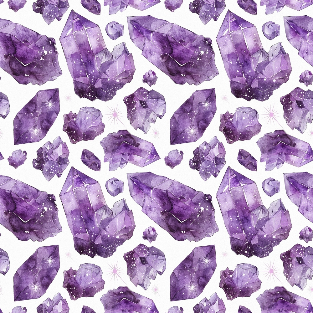 purple, amethyst, lavender, violet, gemstones, crystals, minerals, geometric shapes, sparkles, stars, watercolor style, repeating pattern,, fabric panel, mystical, spiritual, nature inspired, scattered design, faceted gems, bohemian