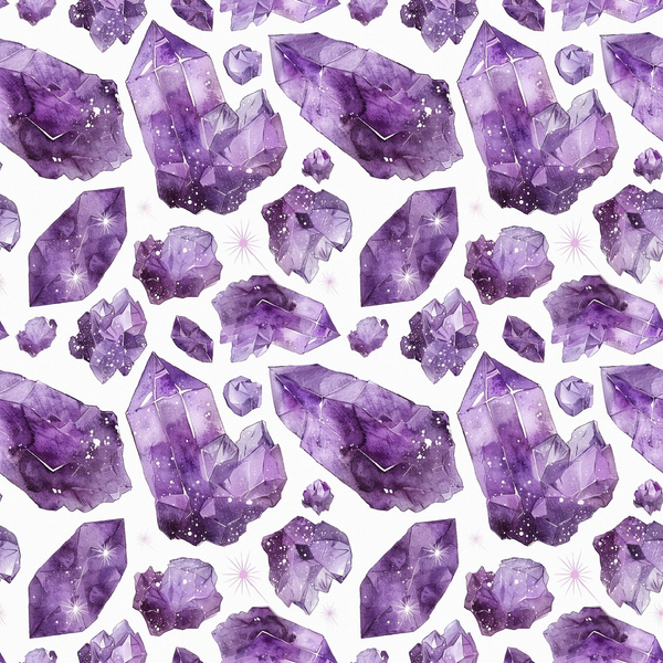 purple, amethyst, lavender, violet, gemstones, crystals, minerals, geometric shapes, sparkles, stars, watercolor style, repeating pattern,, fabric panel, mystical, spiritual, nature inspired, scattered design, faceted gems, bohemian