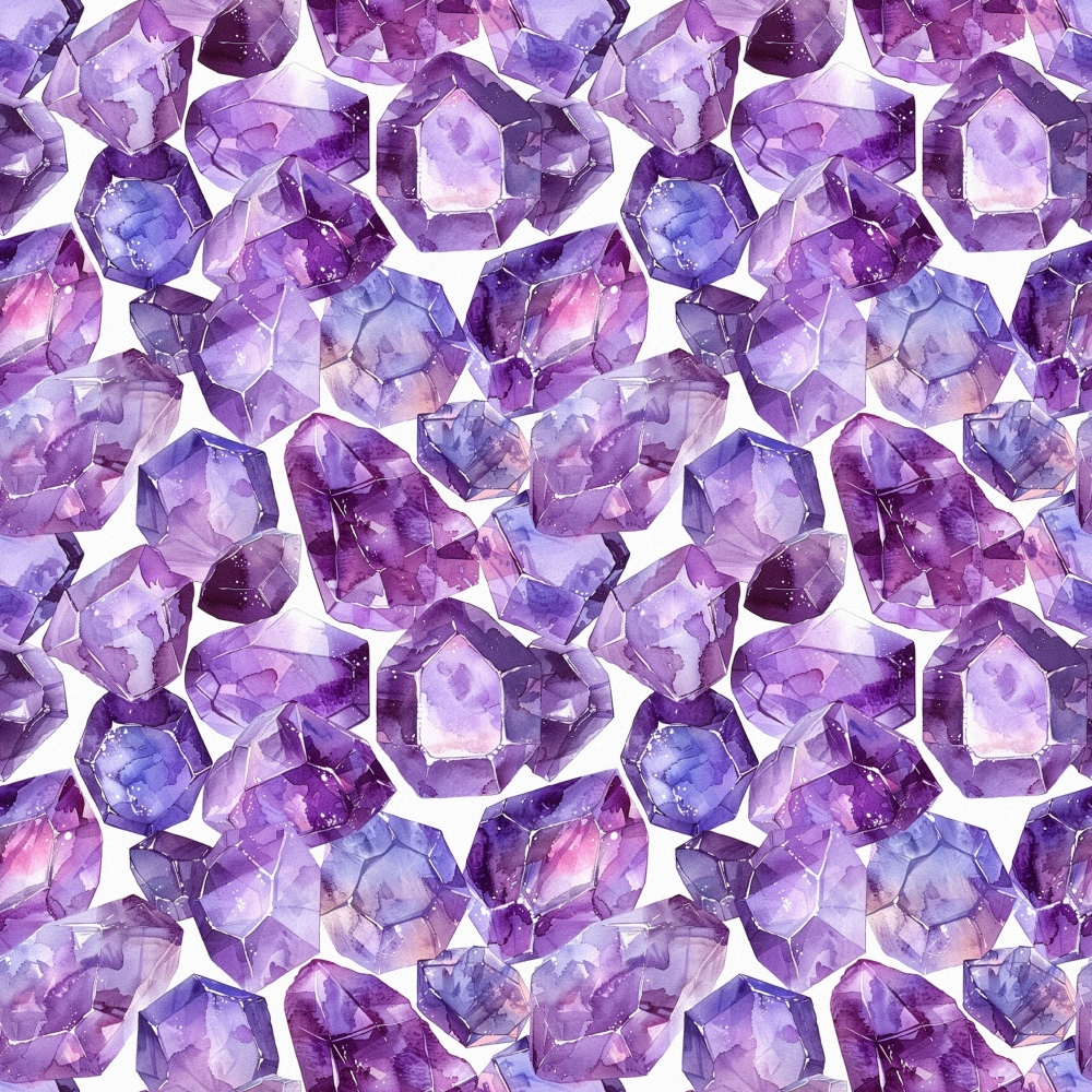 purple, amethyst, lavender, violet, gemstones, crystals, minerals, geometric, faceted, watercolor style,, fabric panel, repeating pattern, precious stones, jewel tones, mystical, bohemian, natural elements, artistic rendering