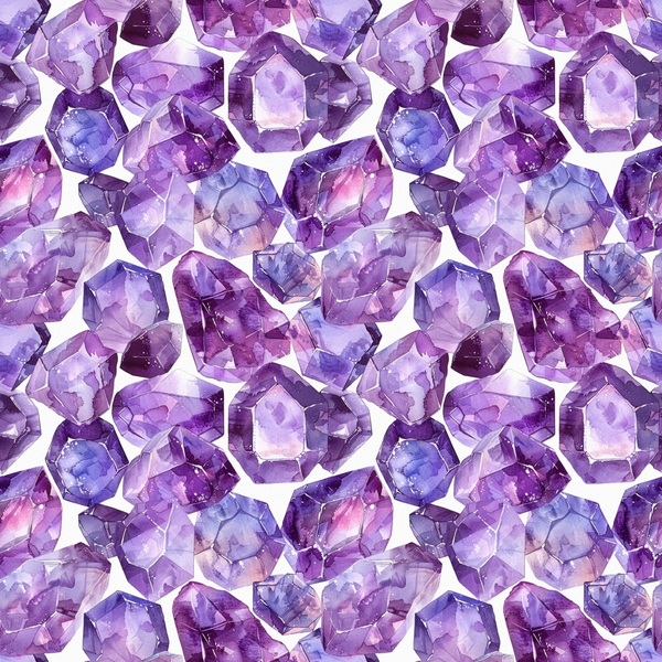 purple, amethyst, lavender, violet, gemstones, crystals, minerals, geometric, faceted, watercolor style,, fabric panel, repeating pattern, precious stones, jewel tones, mystical, bohemian, natural elements, artistic rendering