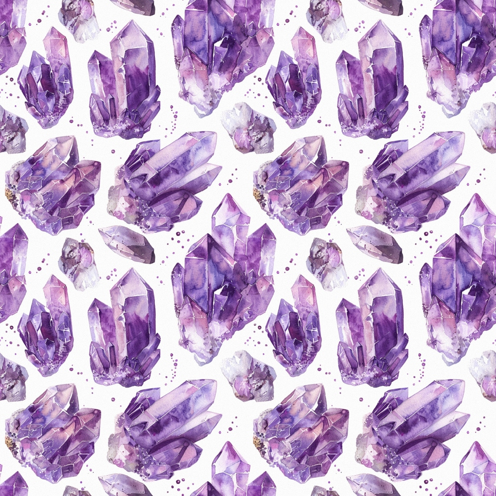 purple, lavender, violet, amethyst, gemstones, crystals, minerals, watercolor style, repeating pattern,, fabric panel, geometric shapes, mystical, spiritual, bohemian, artistic, seamless design, crystalline, faceted gems, scattered dots