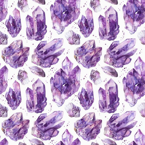 purple, lavender, violet, amethyst, gemstones, crystals, minerals, watercolor style, repeating pattern,, fabric panel, geometric shapes, mystical, spiritual, bohemian, artistic, seamless design, crystalline, faceted gems, scattered dots
