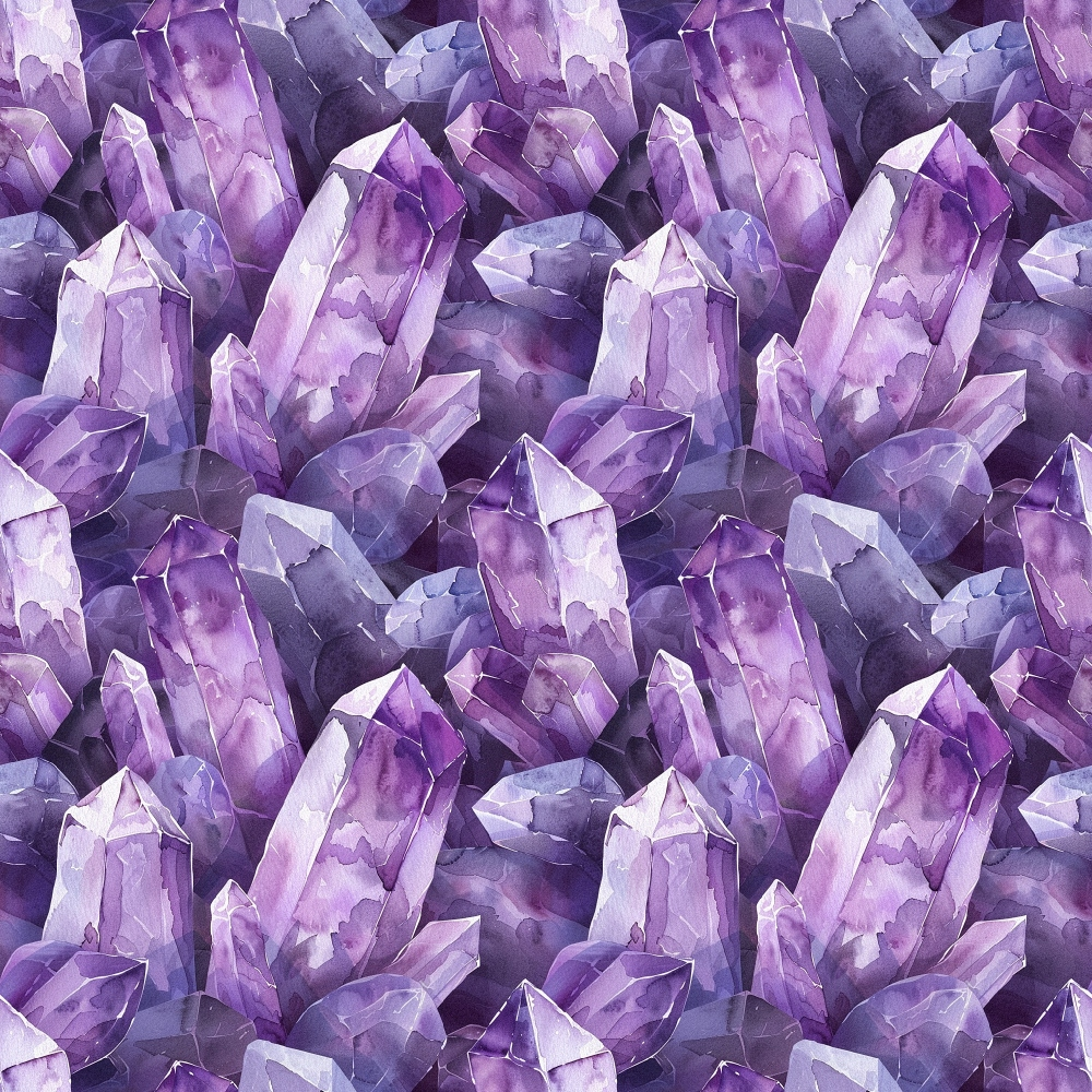 purple, amethyst, lavender, violet, gemstones, crystals, minerals, geometric, faceted, repeating pattern,, fabric panel, mystical, spiritual, healing stones, watercolor style, seamless design, precious stones, rock formations, crystalline structures