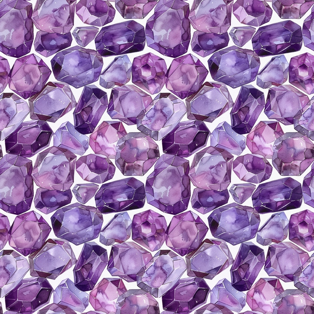 purple, amethyst, lavender, violet, gemstones, crystals, geometric, faceted gems, mineral pattern,, fabric panel, repeating pattern, precious stones, jewel tones, watercolor style, crystalline, hexagonal shapes, luxurious, sparkling effect