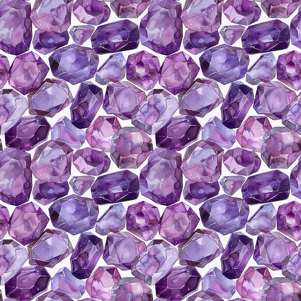 purple, amethyst, lavender, violet, gemstones, crystals, geometric, faceted gems, mineral pattern,, fabric panel, repeating pattern, precious stones, jewel tones, watercolor style, crystalline, hexagonal shapes, luxurious, sparkling effect