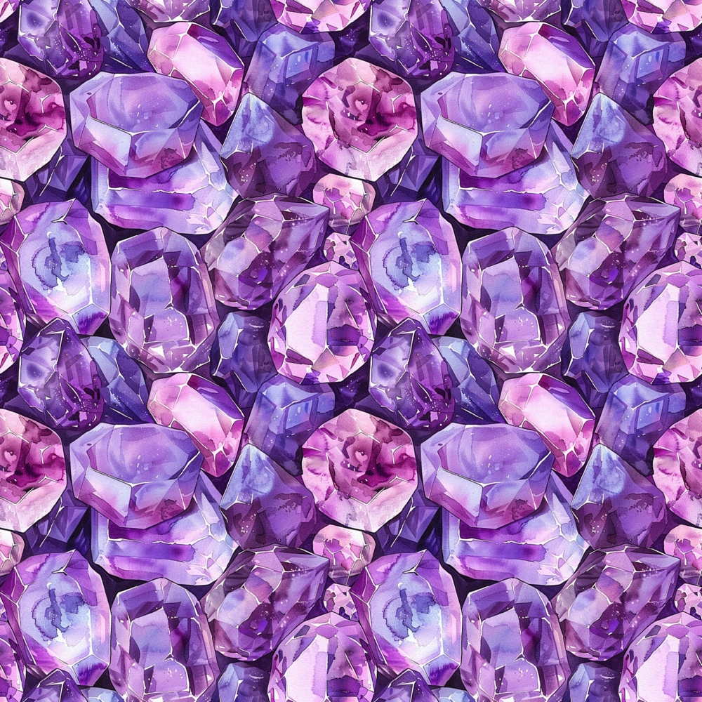purple, violet, lavender, amethyst, magenta, gemstones, crystals, minerals, faceted gems, repeating pattern, seamless design, geometric shapes, crystalline structure, luxury, elegant, mystical,, fabric panel, sparkly, reflective surfaces
