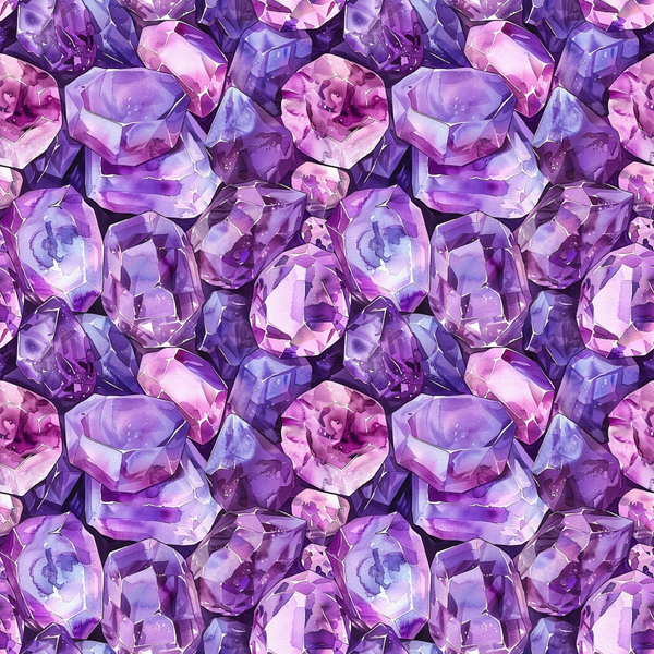 purple, violet, lavender, amethyst, magenta, gemstones, crystals, minerals, faceted gems, repeating pattern, seamless design, geometric shapes, crystalline structure, luxury, elegant, mystical,, fabric panel, sparkly, reflective surfaces