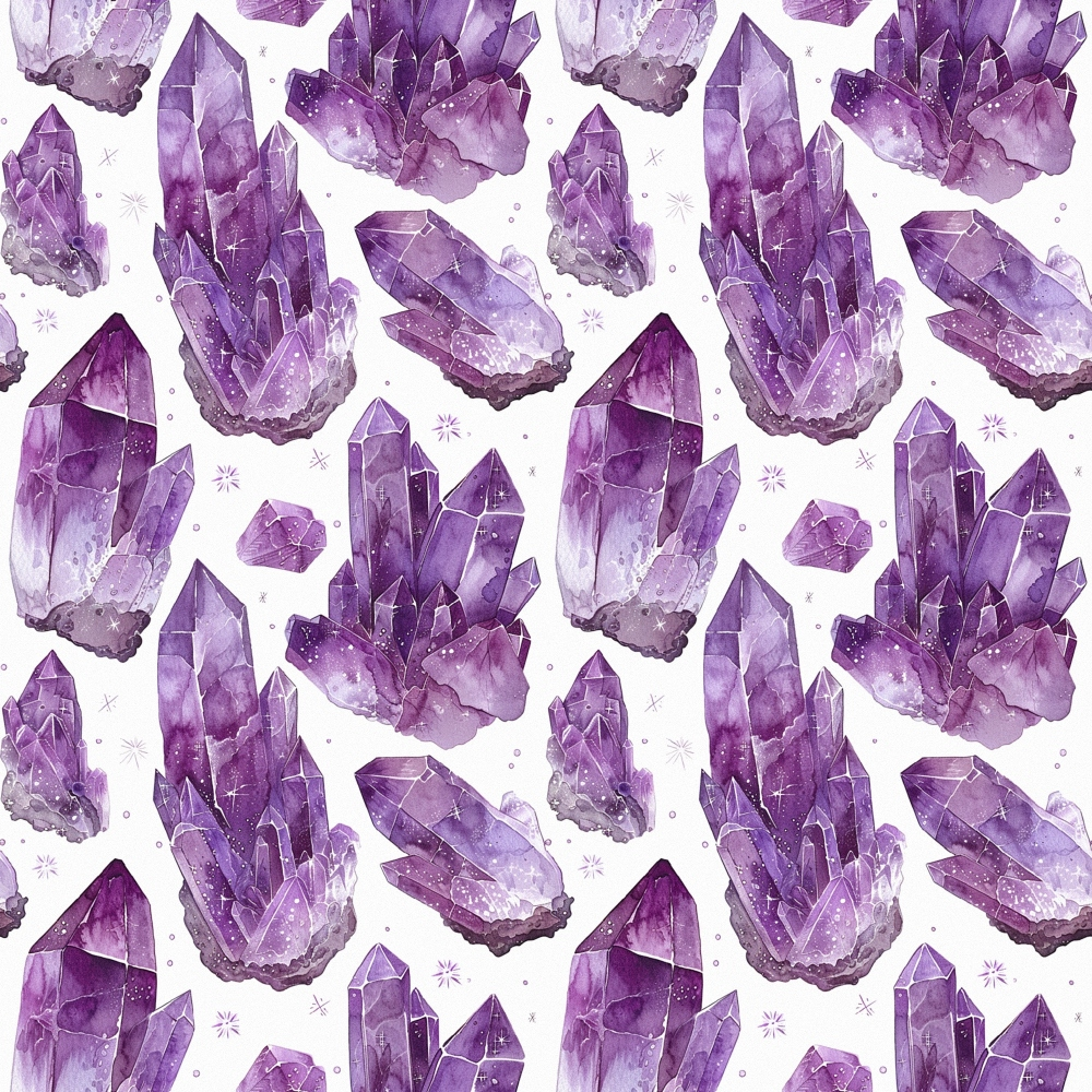 purple, amethyst, lavender, violet, plum, gemstones, crystals, minerals, geodes, crystal clusters, watercolor style, mystical, spiritual, geometric shapes, natural formations,, fabric panel, repeating pattern, bohemian, metaphysical