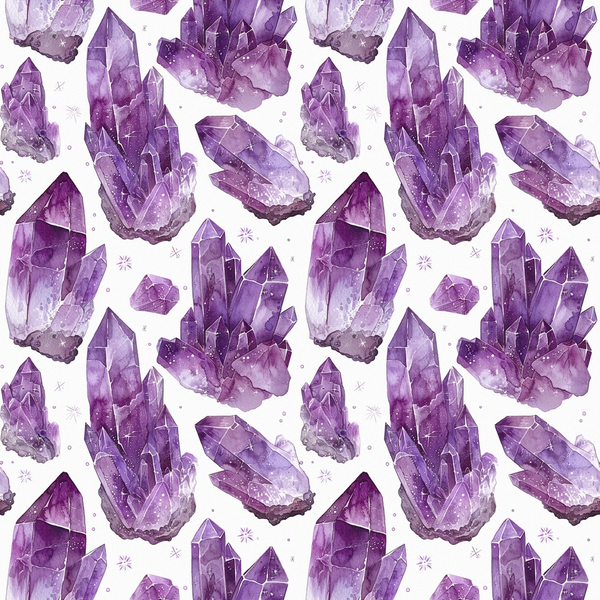 purple, amethyst, lavender, violet, plum, gemstones, crystals, minerals, geodes, crystal clusters, watercolor style, mystical, spiritual, geometric shapes, natural formations,, fabric panel, repeating pattern, bohemian, metaphysical