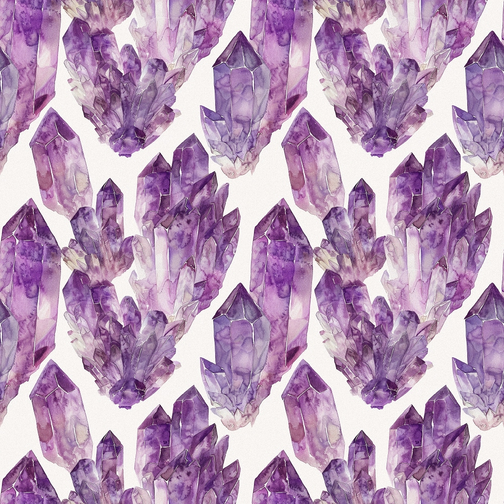 purple, lavender, amethyst, violet, lilac, gemstone clusters, crystal formations, mineral pattern, watercolor style, translucent crystals, geometric shapes, repeating motif,, fabric panel, mystical, spiritual, healing stones, natural minerals, jewel tones, prismatic effect