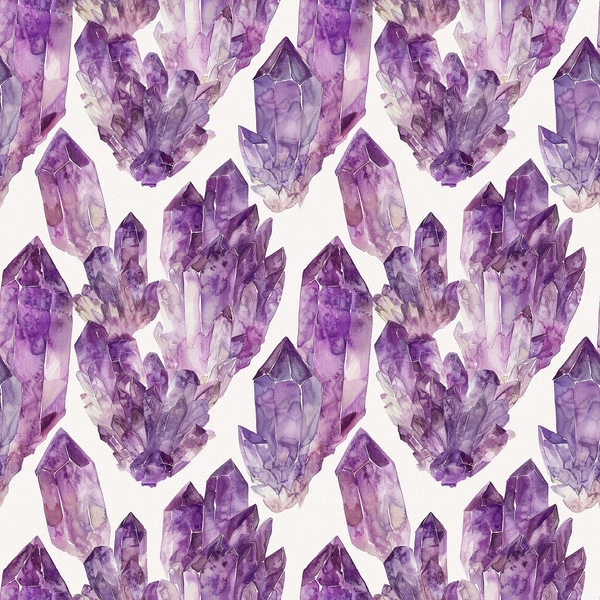 purple, lavender, amethyst, violet, lilac, gemstone clusters, crystal formations, mineral pattern, watercolor style, translucent crystals, geometric shapes, repeating motif,, fabric panel, mystical, spiritual, healing stones, natural minerals, jewel tones, prismatic effect