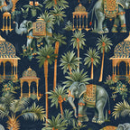 navy blue, deep blue, sage green, orange, gold, elephants, palm trees, indian architecture, pavilions, tropical plants, ornate decorations, exotic motifs, detailed illustration,, fabric panel, botanical elements, decorative elephants, architectural structures, lush foliage, intricate patterns