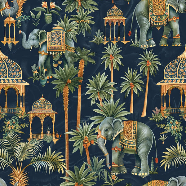 navy blue, deep blue, sage green, orange, gold, elephants, palm trees, indian architecture, pavilions, tropical plants, ornate decorations, exotic motifs, detailed illustration,, fabric panel, botanical elements, decorative elephants, architectural structures, lush foliage, intricate patterns