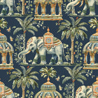navy blue, elephant pattern, indian inspired, ornate elephants, palm trees, decorative architecture, tropical motifs,, fabric panel, gold accents, green foliage, exotic animals, botanical elements, ornamental design, indian pavilions, butterflies, ceremonial elephants, jeweled decorations, repeating pattern, decorative saddles