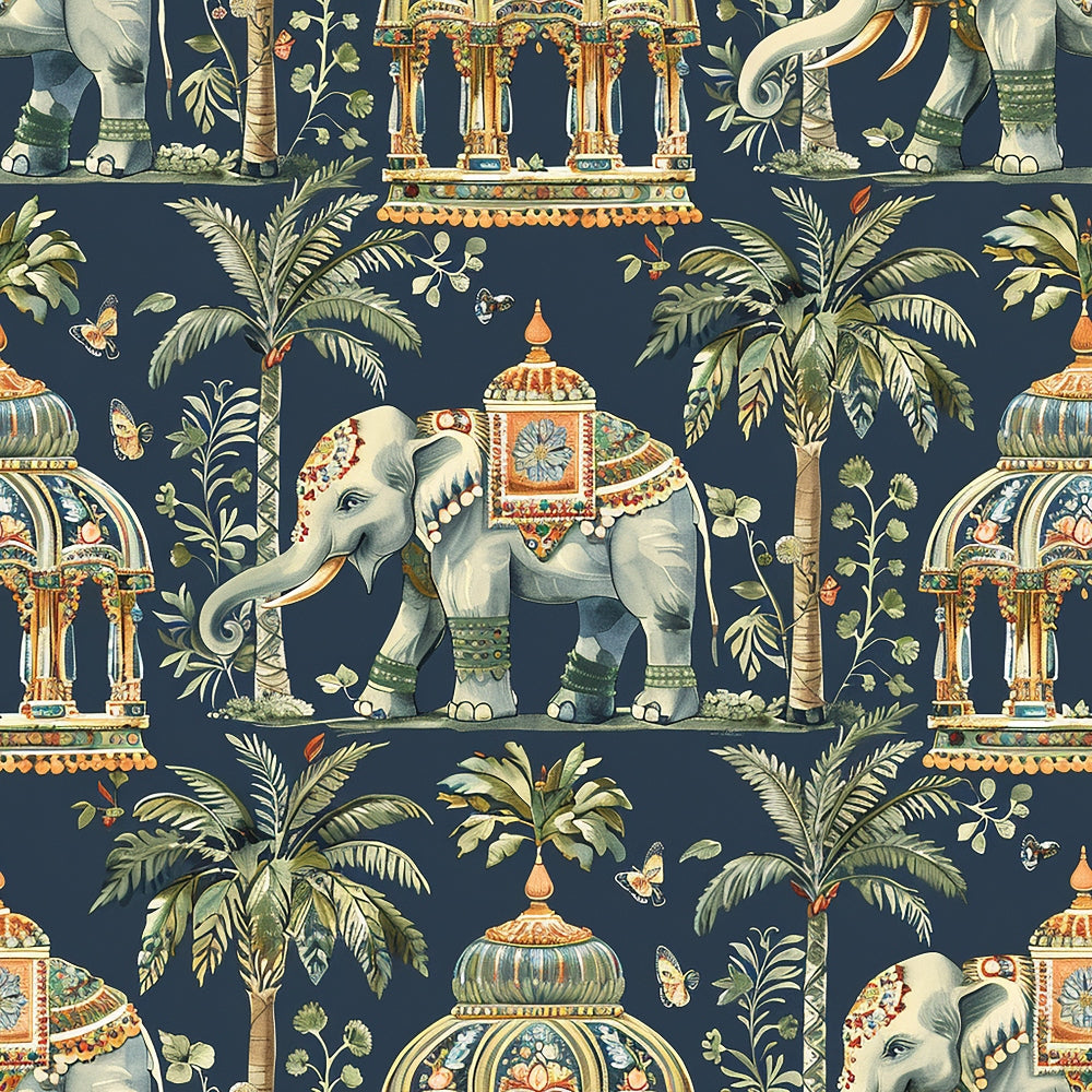 navy blue, elephant pattern, indian inspired, ornate elephants, palm trees, decorative architecture, tropical motifs,, fabric panel, gold accents, green foliage, exotic animals, botanical elements, ornamental design, indian pavilions, butterflies, ceremonial elephants, jeweled decorations, repeating pattern, decorative saddles